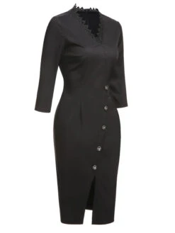 Black 1960s Lace Trim Neckline Pencil Dress -Retro Pulse Shop SCHL002644 2