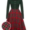Green&Red 1950s Square Neck Plaids Long Sleeve Dress