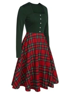 Green&Red 1950s Square Neck Plaids Long Sleeve Dress -Retro Pulse Shop SCHL002648 2 compressed