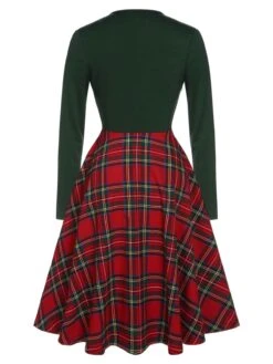 Green&Red 1950s Square Neck Plaids Long Sleeve Dress -Retro Pulse Shop SCHL002648 3 compressed