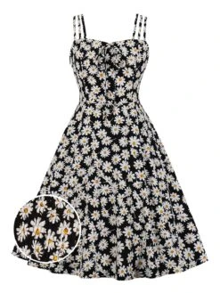 [Plus Size] Black 1950s Spaghetti Strap Daisy Dress