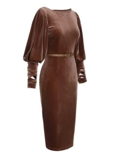 Dark Brown 1960s Puff Sleeve Velvet Belted Dress -Retro Pulse Shop SCHL002711 2 compressed