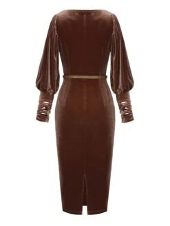 Dark Brown 1960s Puff Sleeve Velvet Belted Dress -Retro Pulse Shop SCHL002711 3 compressed