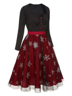 Black&Red 1950s Christmas Snowflake Mesh Dress -Retro Pulse Shop SCHL002727 2