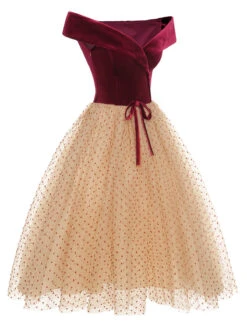 Burgundy 1950s Velvet Mesh Polka Dot Dress -Retro Pulse Shop SCHL002745 2