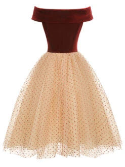 Burgundy 1950s Velvet Mesh Polka Dot Dress -Retro Pulse Shop SCHL002745 3