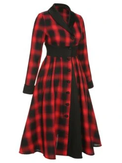 Black&Red 1950s Gingham Plaid Button Lapel Dress -Retro Pulse Shop SCHL002761 2