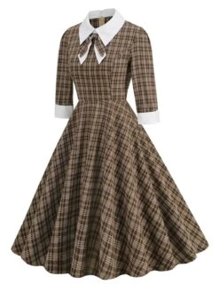 Brown 1950s Lapel Bow Decor Plaids Dress -Retro Pulse Shop SCHL002766 BR 2 compressed
