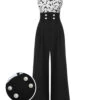 Black 1930s Halloween Bat Patchwork Jumpsuit