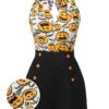 Black 1950s Halloween Pumpkin Halter Romper