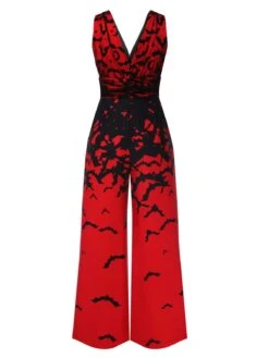 Red 1930s Halloween V-Neck Bat Jumpsuit -Retro Pulse Shop SCHL002784 2 compressed