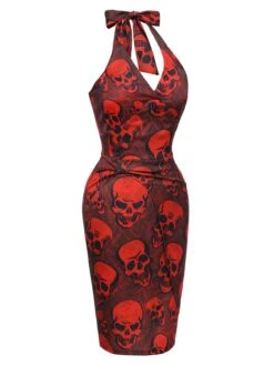 Deep Red 1960s Halloween Skull Halter Dress -Retro Pulse Shop SCHL002786 2