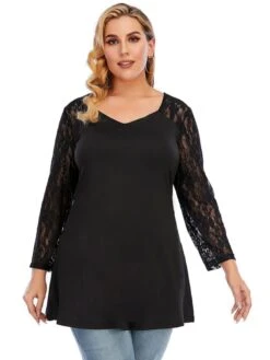 [Plus Size] Black 1950s Solid Lace Patchwork Tunic Top