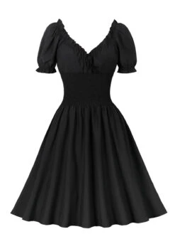 1950s Solid Smocked Waist Off-Shoulder Dress -Retro Pulse Shop SCHL002865 B 2