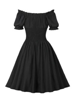 1950s Solid Smocked Waist Off-Shoulder Dress -Retro Pulse Shop SCHL002865 B 3