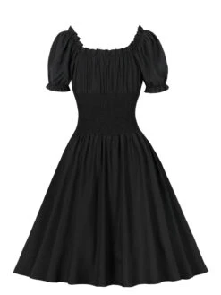 1950s Solid Smocked Waist Off-Shoulder Dress -Retro Pulse Shop SCHL002865 B 4