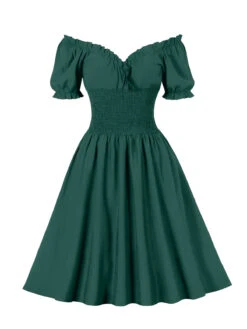 1950s Solid Smocked Waist Off-Shoulder Dress -Retro Pulse Shop SCHL002865 DG 1