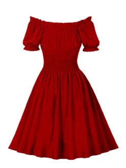 1950s Solid Smocked Waist Off-Shoulder Dress -Retro Pulse Shop SCHL002865 TR 3