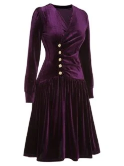 Purple 1940s Solid Velvet Buttons Dress -Retro Pulse Shop SCHL002886 2