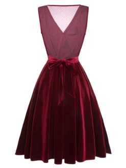 Red 1950s Velvet Polka Dot Lined Bow Dress -Retro Pulse Shop SCHL002966 3