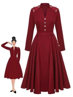 2PCS Red 1940s Stand Collar Butterflies Blouse & Solid Skirt