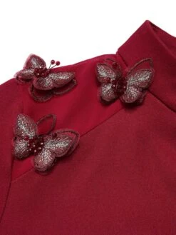 2PCS Red 1940s Stand Collar Butterflies Blouse & Solid Skirt -Retro Pulse Shop SCHL002967 SCHL002968 5 compressed
