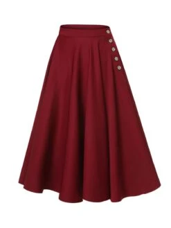 Red 1940s Buttoned Solid Skirt 11 Red 1940s Buttoned Solid Skirt -Retro Pulse Shop SCHL002968 2 compressed