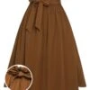 Brown 1950s Solid Elastic Waist Belt Skirt -Retro Pulse Shop SCHL003019 01