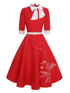 Red 1950s Elk Bow Patchwork Belt Dress -Retro Pulse Shop SCHL003025 1