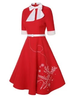 Red 1950s Elk Bow Patchwork Belt Dress -Retro Pulse Shop SCHL003025 2