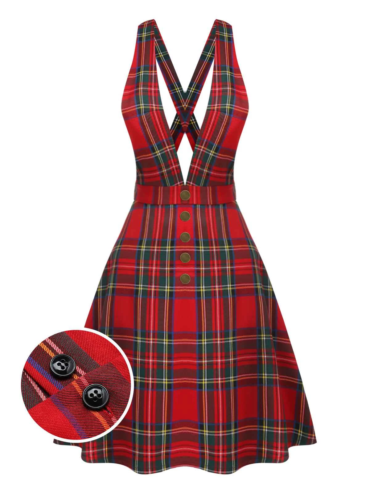 Red 1950s Plaids Buttoned Strap Dress 3 Red 1950s Plaids Buttoned Strap Dress