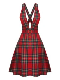 Red 1950s Plaids Buttoned Strap Dress 10 Red 1950s Plaids Buttoned Strap Dress -Retro Pulse Shop SCHL003081 1 compressed