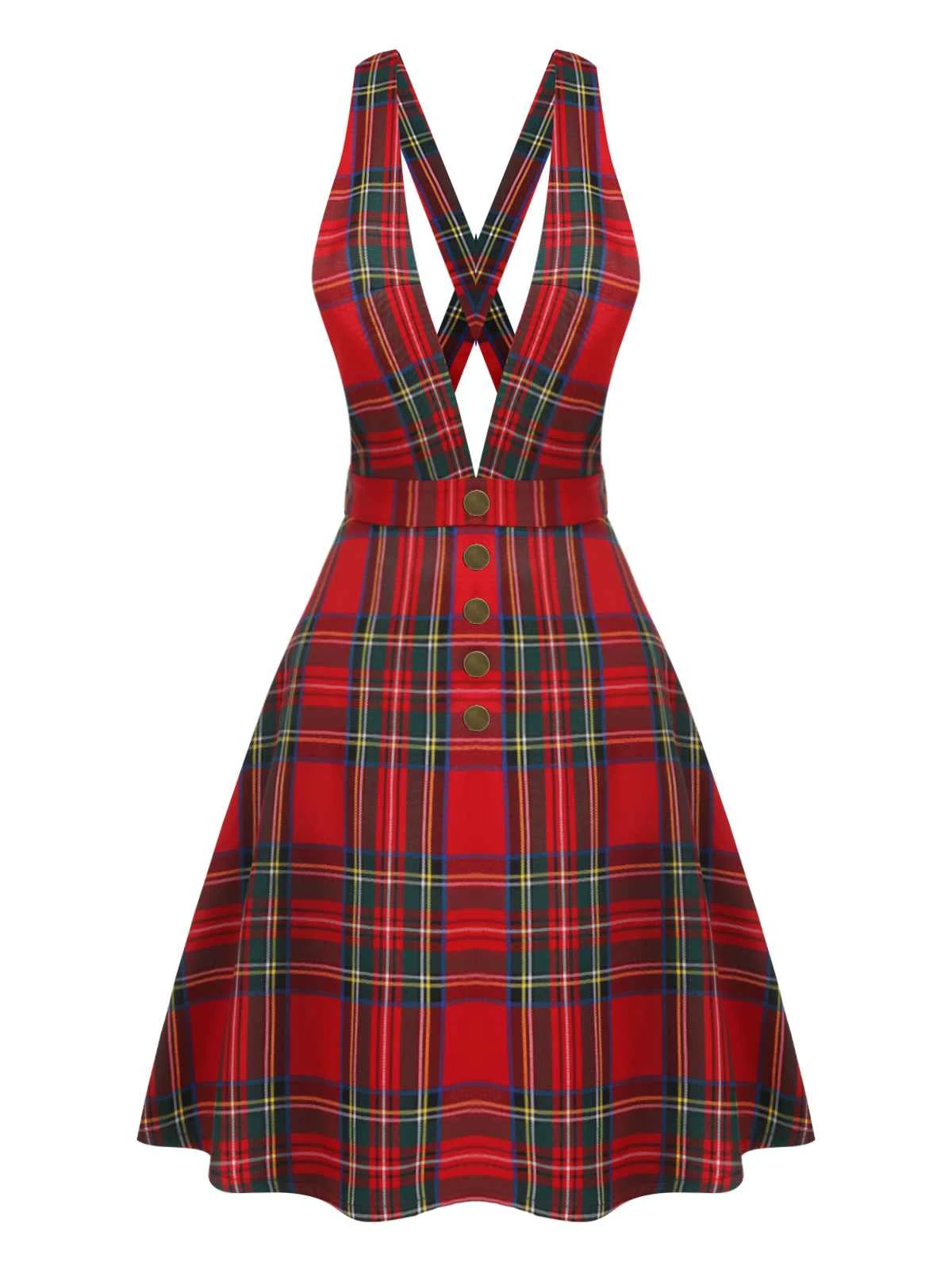 Red 1950s Plaids Buttoned Strap Dress 4 Red 1950s Plaids Buttoned Strap Dress - Image 2