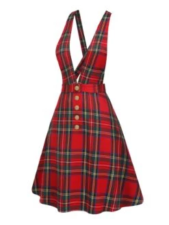 Red 1950s Plaids Buttoned Strap Dress 11 Red 1950s Plaids Buttoned Strap Dress -Retro Pulse Shop SCHL003081 2 compressed