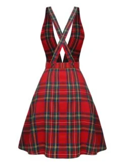 Red 1950s Plaids Buttoned Strap Dress 12 Red 1950s Plaids Buttoned Strap Dress -Retro Pulse Shop SCHL003081 3 compressed