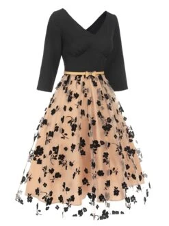 Beige 1950s Floral Mesh Patchwork Belt Dress -Retro Pulse Shop SCHL003084 2