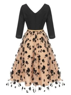 Beige 1950s Floral Mesh Patchwork Belt Dress -Retro Pulse Shop SCHL003084 3