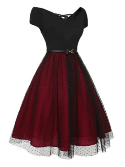 Wine Red 1950s Polka Dots Drop Shoulder Belt Dress -Retro Pulse Shop SCHL003085 2