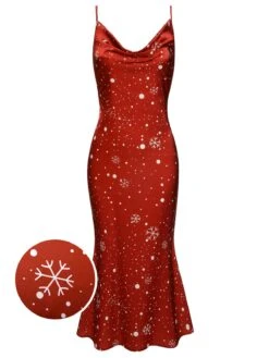 Red 1930s Christmas Strap Snowflake Mermaid Dress