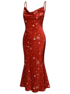 Red 1930s Christmas Strap Snowflake Mermaid Dress -Retro Pulse Shop SCHL003107 2 compressed