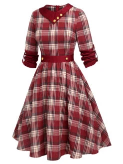 Red 1950s Roll Up Scottish Plaid Dress -Retro Pulse Shop SCHL003134 2
