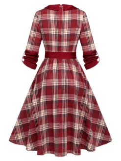 Red 1950s Roll Up Scottish Plaid Dress -Retro Pulse Shop SCHL003134 3