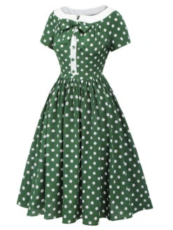 Green 1940s Polka Dot Bowknot Patchwork Dress -Retro Pulse Shop SCHL003135 2