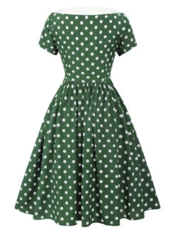 Green 1940s Polka Dot Bowknot Patchwork Dress -Retro Pulse Shop SCHL003135 3