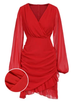 Red 1960s Solid Chiffon Surplice V-Neck Dress