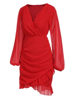 Red 1960s Solid Chiffon Surplice V-Neck Dress -Retro Pulse Shop SCHL003137 2