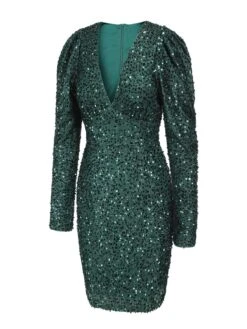 Green 1960s Christmas Sequin V-Neck Pencil Dress -Retro Pulse Shop SCHL003142 2