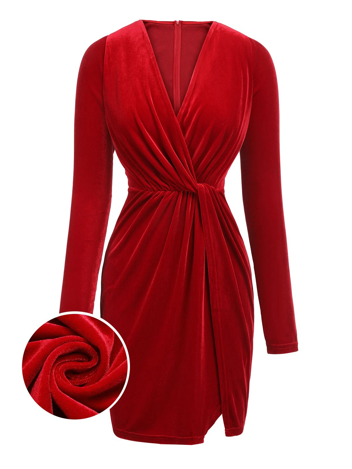 Red 1960s V-Neck Velvet Pleated Wrap Dress 3 Red 1960s V-Neck Velvet Pleated Wrap Dress