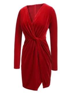 Red 1960s V-Neck Velvet Pleated Wrap Dress 11 Red 1960s V-Neck Velvet Pleated Wrap Dress -Retro Pulse Shop SCHL003144 TR 01 3