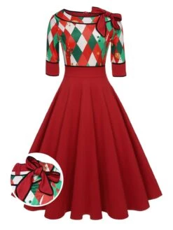 Green 1950s Christmas Plaid Patchwork Dress -Retro Pulse Shop SCHL003168 01 compressed